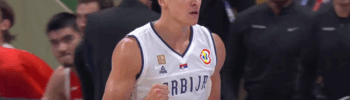 Bogdan Bogdanovic celebrates after scoring for the Serbian national basketball team