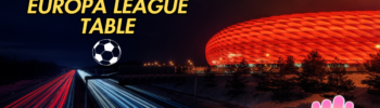 Illustration of UEFA Europa league table with stadium at night in background